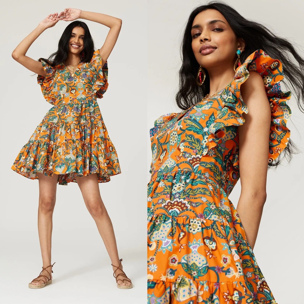 La DoubleJ Honeybun Dress L Orange Floral Print Cotton Tiered Ruffle Sleeve Mini